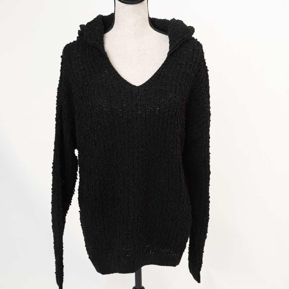 Textured hooded sweater black slight hi lo style Wendy Williams XL